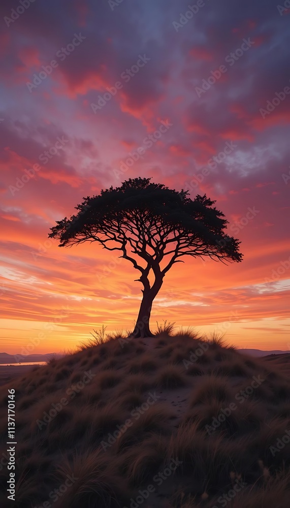 Fototapeta premium A solitary tree stands tall on a windswept hill