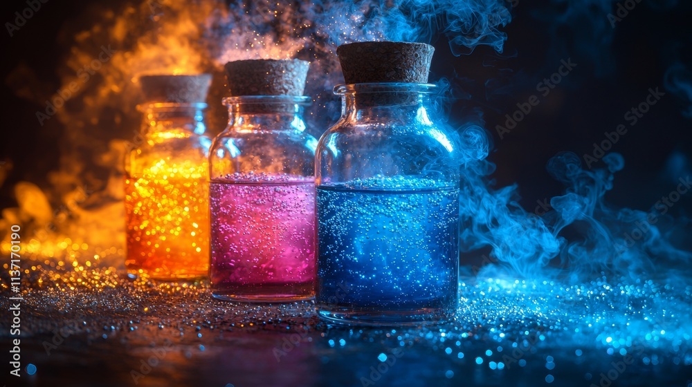 Colorful glowing bottles surrounded by a mystical aura Colorful glowing bottles surrounded by a mystical aura