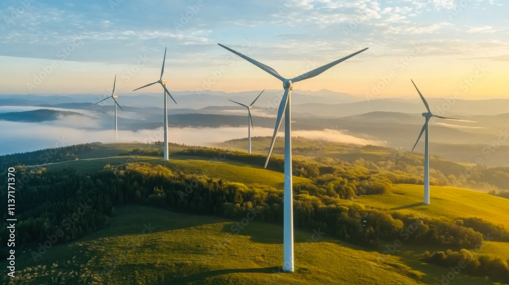 Obraz premium Panoramic view of wind farm or wind park, with high wind turbines for generation electricity