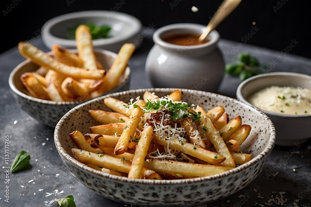 A Side Of Truffle Fries Sprinkled With Parmesan Cheese And Served In A Stylish Ceramic Dish, Restaurant Food Menu