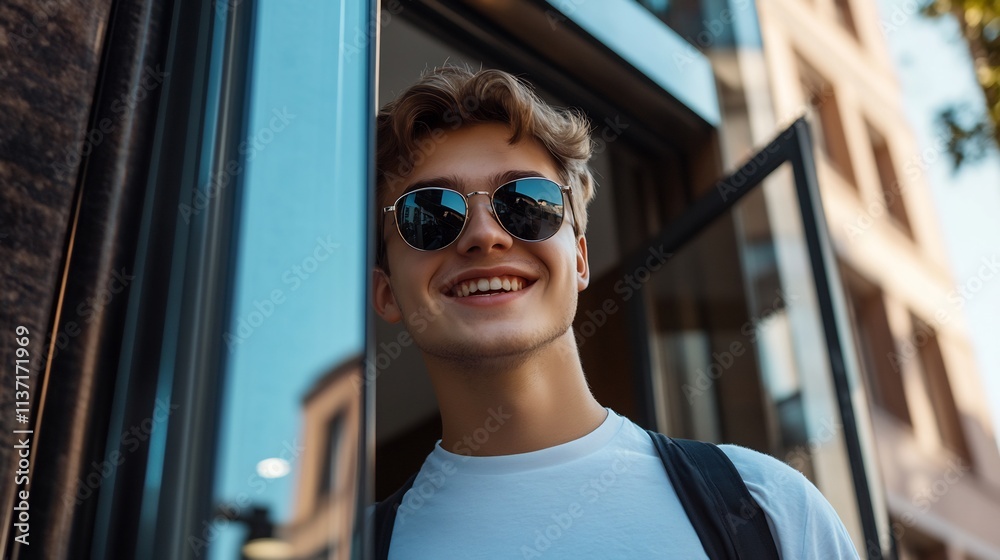 Smiling Teenager in Sunglasses Near Building