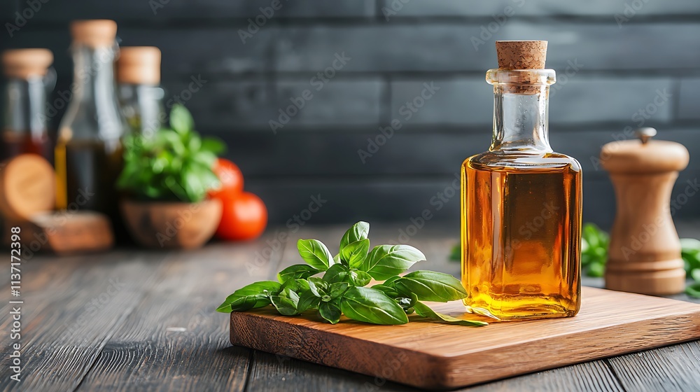 Basil oil preparation kitchen food photography rustic setting close-up culinary art