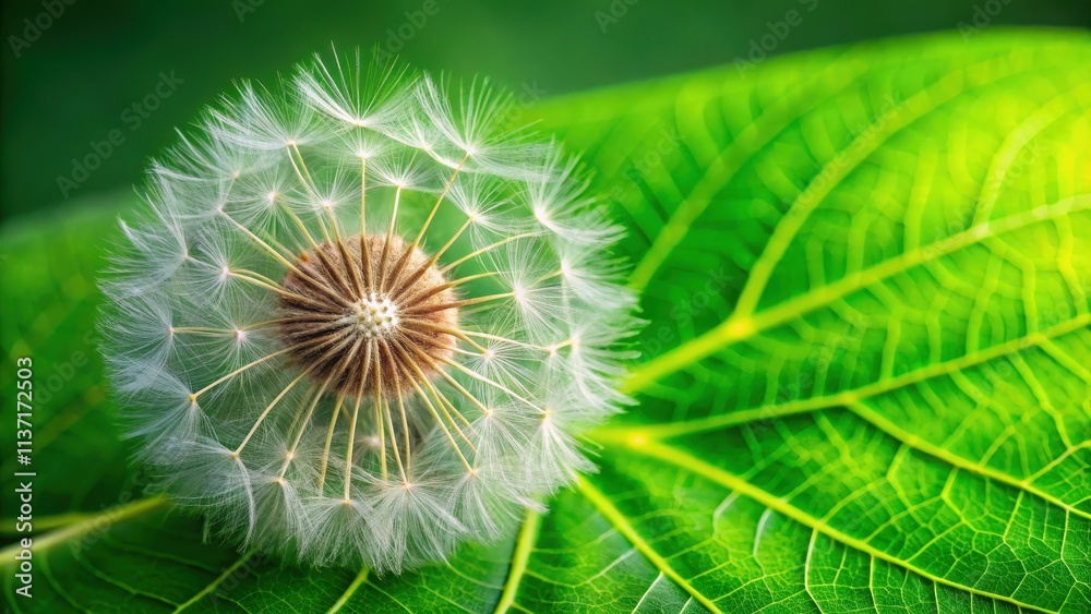 Close-up of dandelion seeds resting on a vibrant green leaf , dandelion, seeds, close-up, green, leaf, nature, macro, fluffy Close-up of dandelion seeds resting on a vibrant green leaf , dandelion, seeds, close-up, green, leaf, nature, macro, fluffy