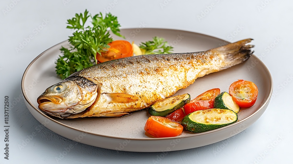 Healthy eating overhead view of grilled fish and veggies at the kitchen table Healthy eating overhead view of grilled fish and veggies at the kitchen table