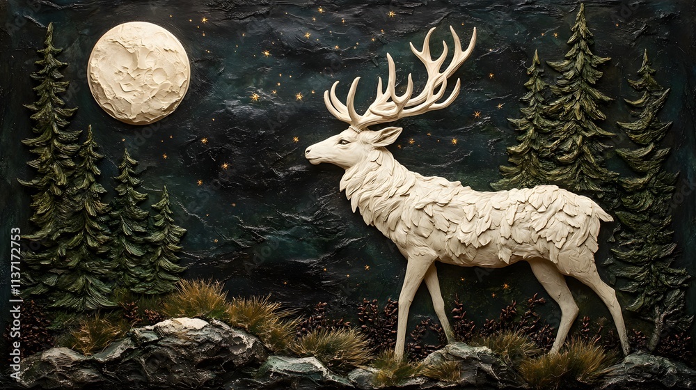 Fototapeta premium A majestic white deer with perfect antlers, on the mountain and the beautiful view of the full moon at night