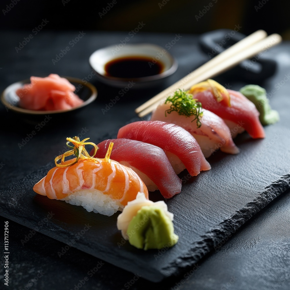 A delicious plate of sushi nigiri with fresh slices of tuna, salmon, and shrimp A delicious plate of sushi nigiri with fresh slices of tuna, salmon, and shrimp