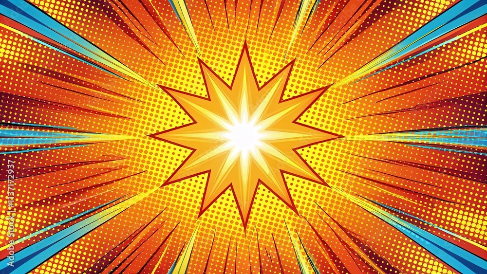 Fototapeta premium Dynamic comic book action layout background with power effects and halftone dots, comic book, action, layout, background, power