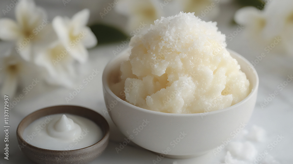 A clean presentation of plain milk bingsu wit A clean presentation of plain milk bingsu wit