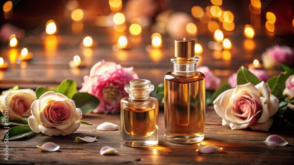 Luxurious shot of Oud Wood and Rose Essential Oil bottles with soft lighting and elegant styling, Oud Wood, Rose Luxurious shot of Oud Wood and Rose Essential Oil bottles with soft lighting and elegant styling, Oud Wood, Rose