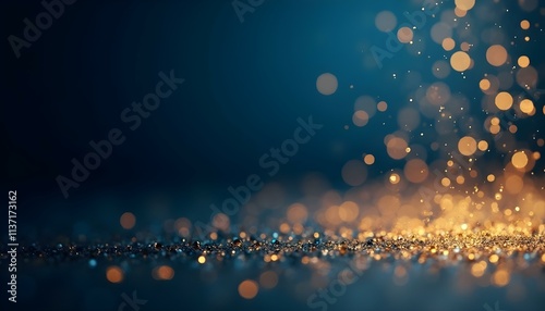 Fondo abstracto azul oscuro y dorado con partículas y luces de Navidad photo