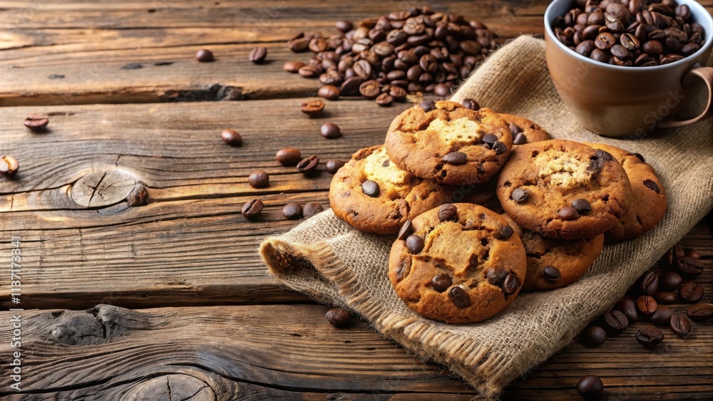 Delicious coffee cookies with chocolate chips on a rustic wooden table, coffee, cookies, chocolate, dessert, homemade