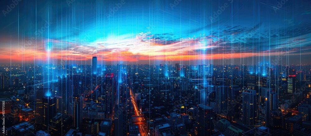 Fototapeta premium Futuristic Cityscape with Digital Lines