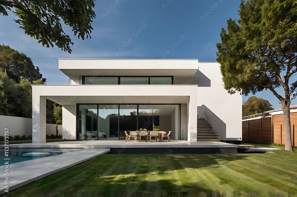 A Sleek, Modern Minimalist House With Clean White Walls, Large Glass Windows, And A Flat Roof, Surrounded By A Neatly Manicured Lawn A Sleek, Modern Minimalist House With Clean White Walls, Large Glass Windows, And A Flat Roof, Surrounded By A Neatly Manicured Lawn