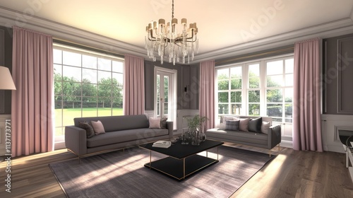 Sunlit living room with gray sofas  pink curtains  and a chandelier.