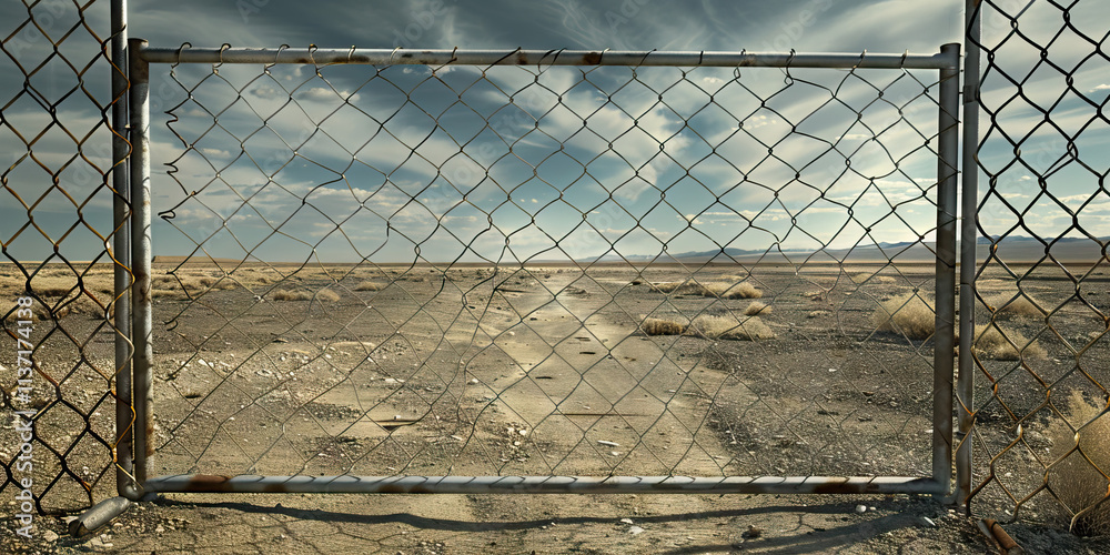 Chain-Link Gate and Desolate Landscape Chain-Link Gate and Desolate Landscape
