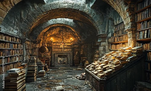 A dimly lit ancient library filled with stacked books and stone walls.