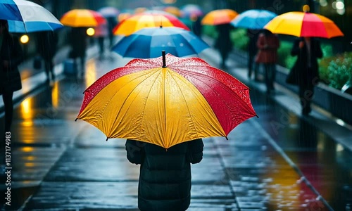 Wallpaper Mural A person with a vibrant umbrella in a rainy, colorful street scene. Torontodigital.ca