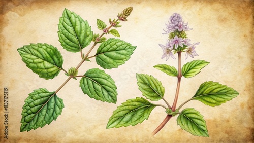 Patchouli flower isolated on background with old botanical of branch from a blossoming tree, Patchouli, flower
