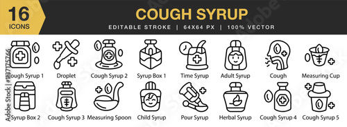 Cough Syrup icon set. Editable Stroke Icon Collection. Includes Cough, Health, Medicine, Mixture, Syrup, and More. Outline icons vector collection.