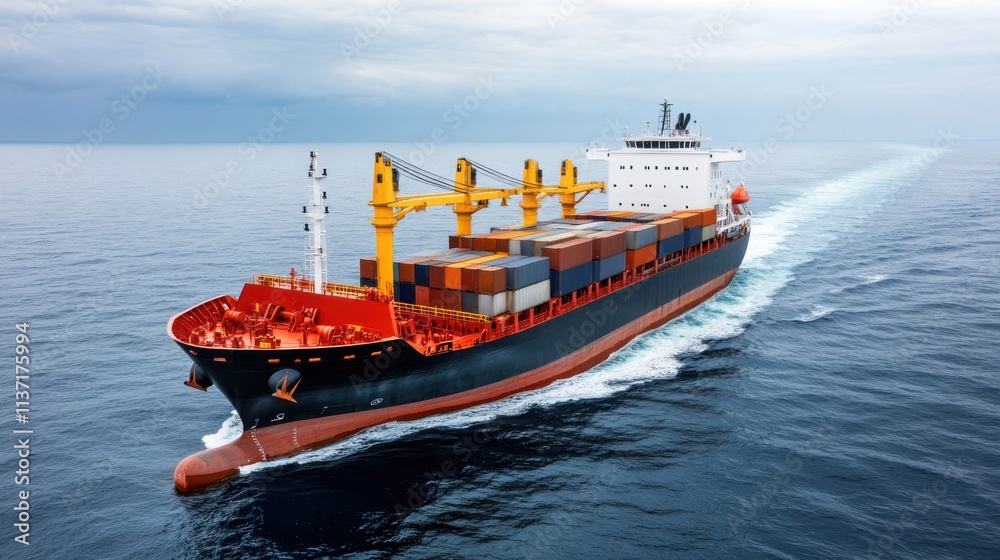 Container ship transporting cargo across open water with colorful containers against a cloudy sky Container ship transporting cargo across open water with colorful containers against a cloudy sky
