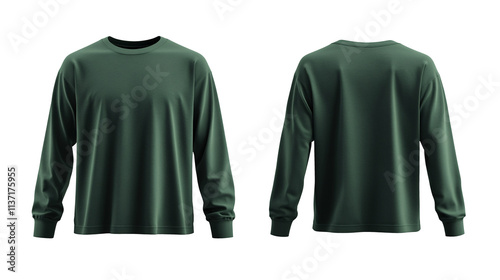 Green long sleeve plain t-shirt mockup, with front and back views, isolated on transparent background.