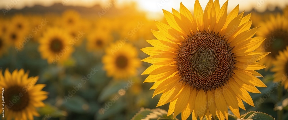 Vibrant sunflowers bask in the golden glow of a setting sun, creating a warm and serene summer scene. Vibrant sunflowers bask in the golden glow of a setting sun, creating a warm and serene summer scene.