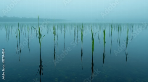 Serene Foggy Lake with Reeds