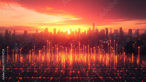 Futuristic Cityscape at Sunset with Digital Network Overlay