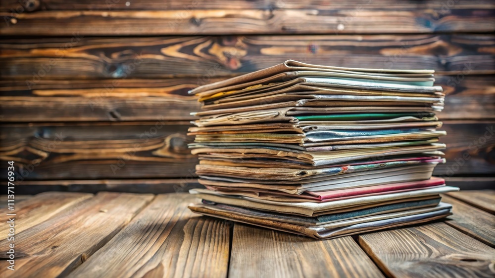 Obraz premium Stack of various magazines neatly arranged on a rustic wooden table, magazines, stack, wooden table
