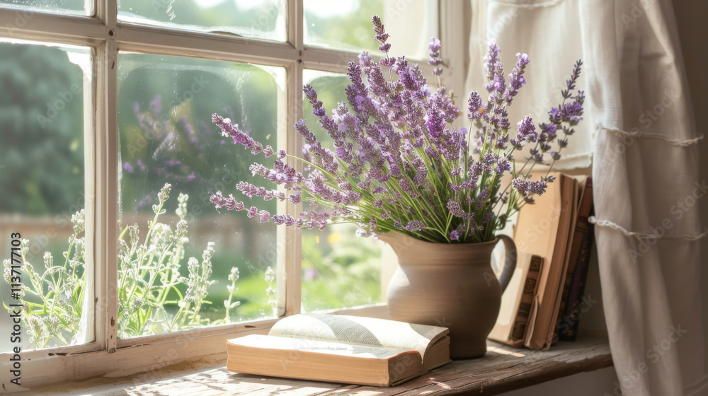 Beautiful lavender flowers and book on window sill indoors Beautiful lavender flowers and book on window sill indoors
