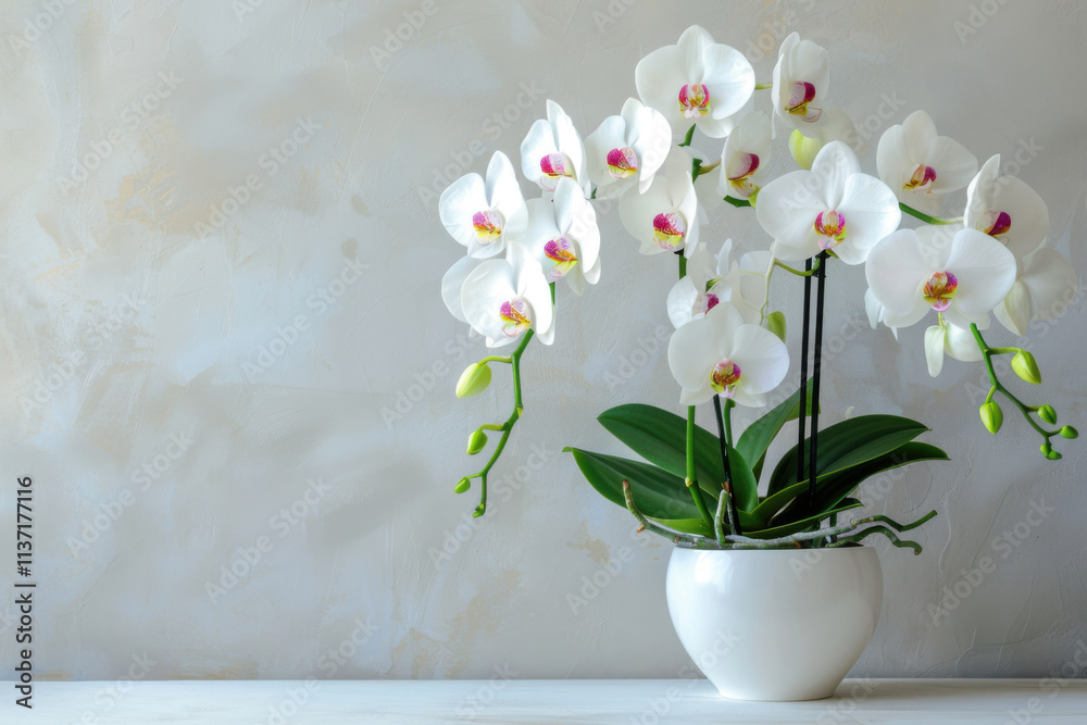 Artificial orchid plant in flower pot on white marble table. Space for text Artificial orchid plant in flower pot on white marble table. Space for text