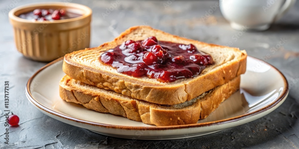 Smooth peanut butter and jam bread toast on a plate, breakfast, snack, sandwich, spread, delicious, homemade, sliced, fresh, gourmet Smooth peanut butter and jam bread toast on a plate, breakfast, snack, sandwich, spread, delicious, homemade, sliced, fresh, gourmet