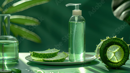 Petri dish with Aloe vera slices and unlabeled pump bottle photo