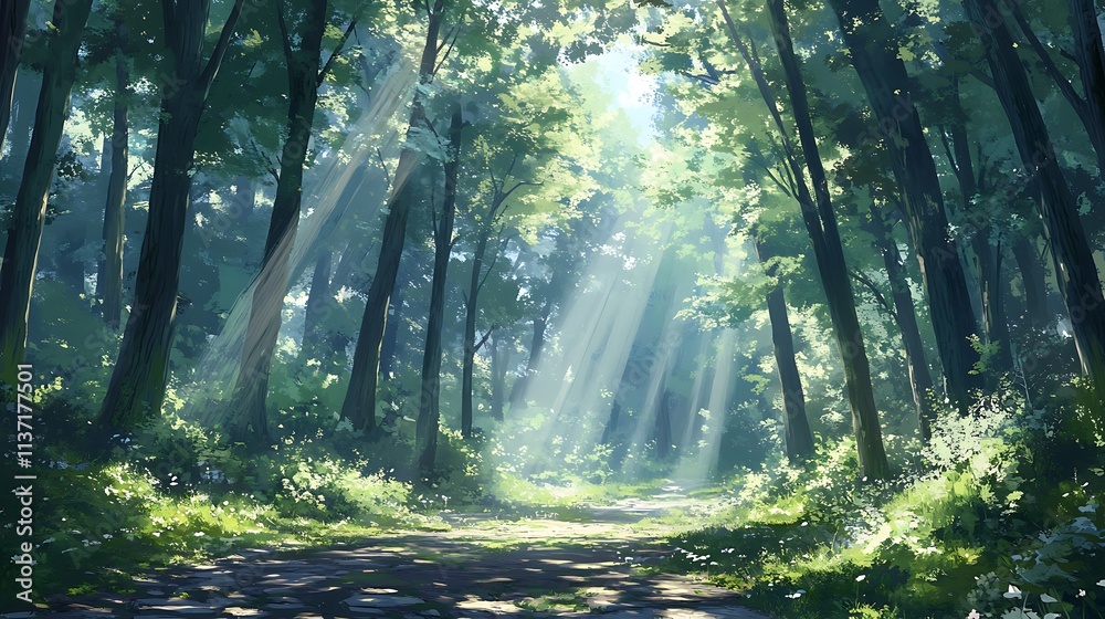 Obraz premium Sunbeams Illuminate a Forest Path Through Lush Green Trees