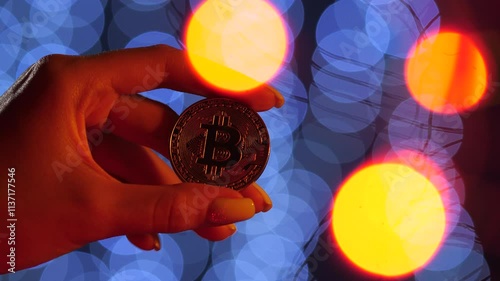 Vertical video of a bitcoin coin in a woman's hand against the backdrop of Christmas lights.