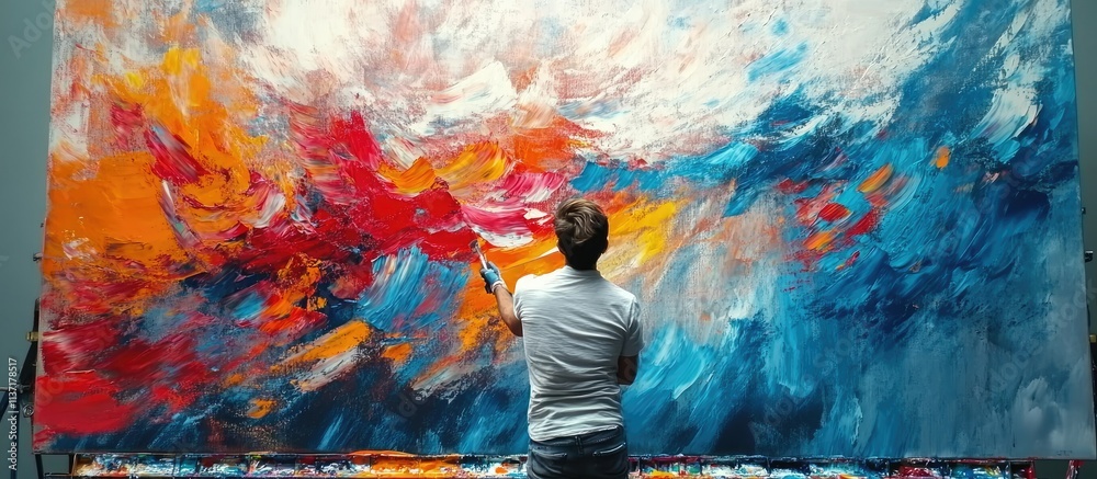 Obraz premium Artist painting large abstract colorful artwork.
