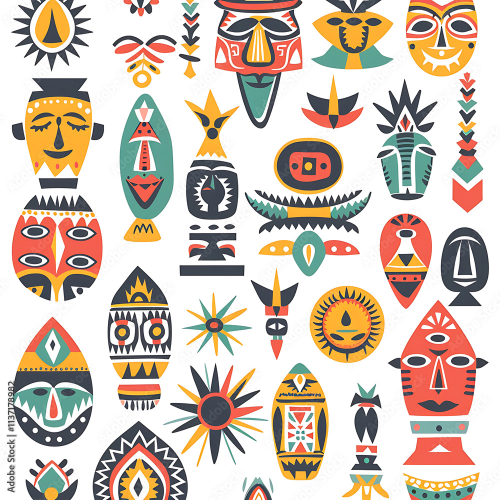 Fototapeta premium Colorful Ethnic Masks and Symbols Pattern Design