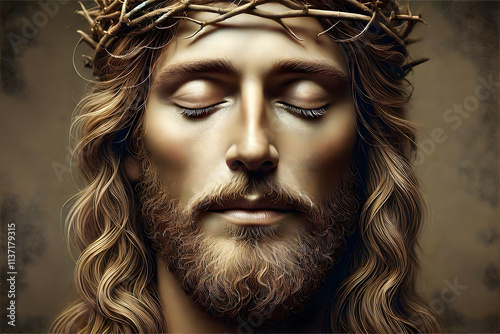 High detail hyper realistic closed up image of jesus christ with peaceful facial expression
