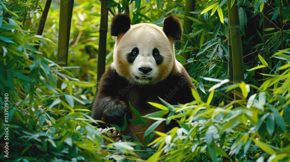 Obraz premium Panda among lush green bamboo foliage