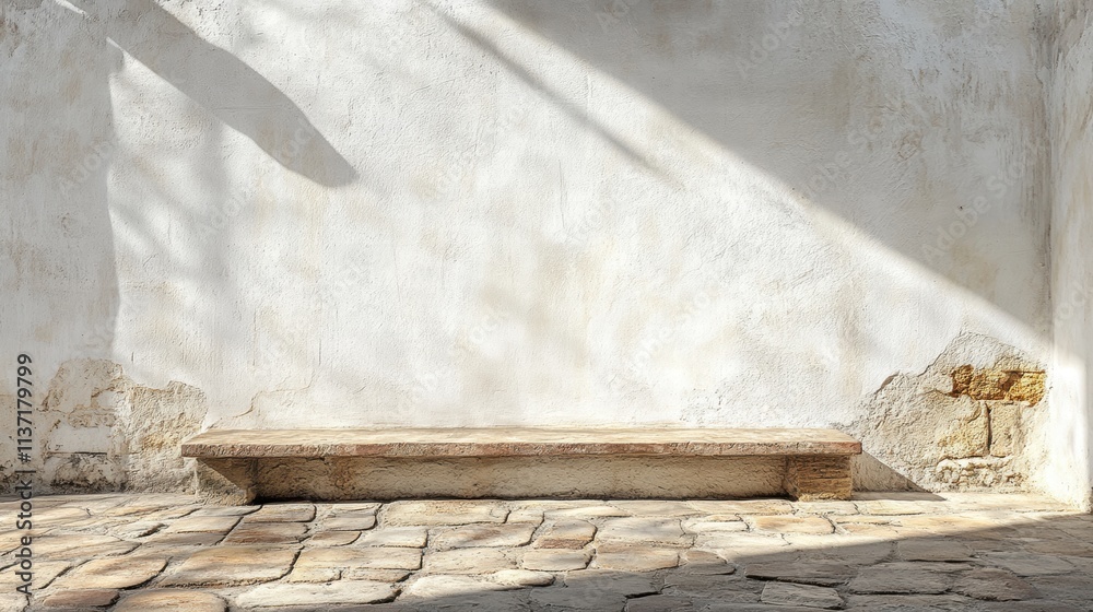 Stone Bench Against Whitewashed Wall with Sunlit Shadows Stone Bench Against Whitewashed Wall with Sunlit Shadows