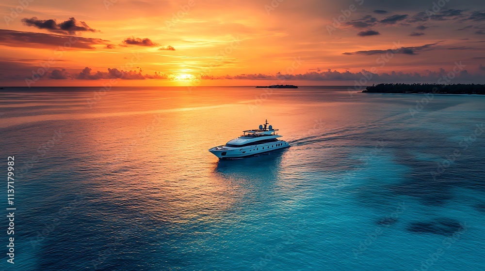 Naklejka premium Luxury Yacht Sailing at Sunset Ocean View