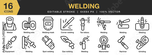 Welding icon set. Editable Stroke Icon Collection. Includes Electric, Profession, Service, Welder, Welding, Work, and More. Outline icons vector collection.