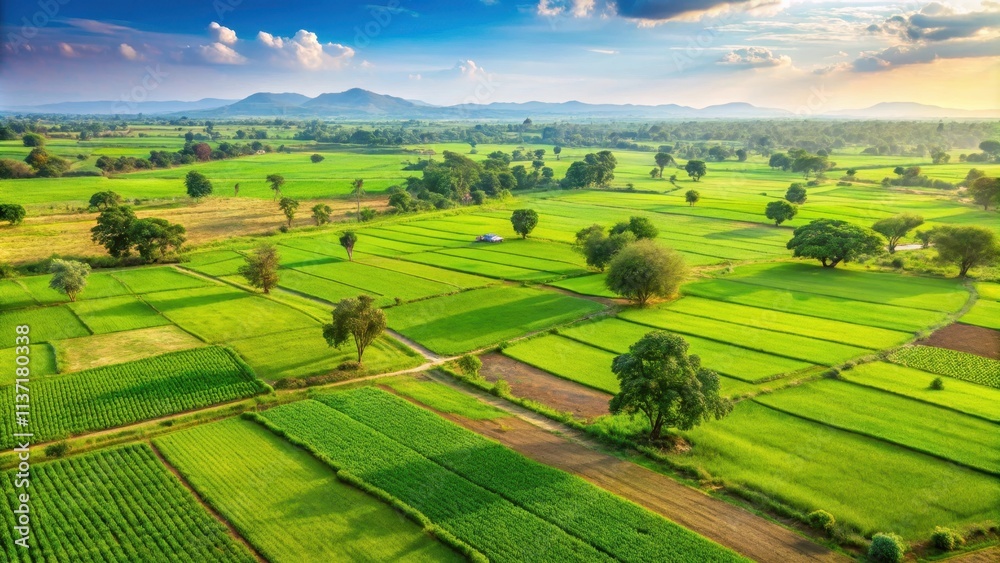 Naklejka premium Agricultural green land in India showcasing lush crops and vibrant landscape, agriculture, green land, India, crops