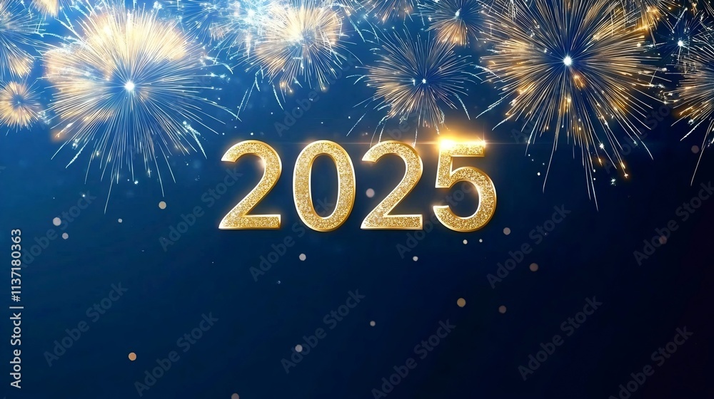 Fototapeta premium 2025 New Year's Eve Celebration with Blue Nights Fireworks, Welcoming 2025 in a New Year's Eve Vibe