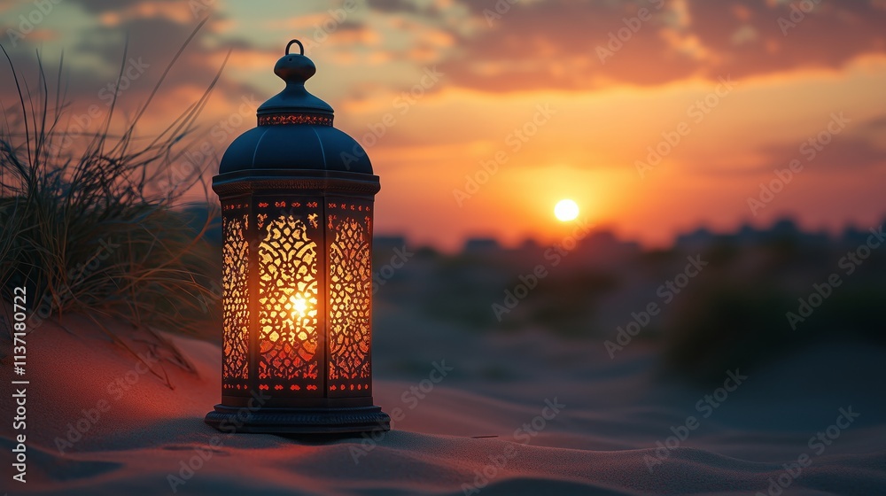 Eid Mubarak and Ramadan Kareem greetings with an Islamic lantern, mosque, and Eid al-Fitr background with a moon and clouds Eid Mubarak and Ramadan Kareem greetings with an Islamic lantern, mosque, and Eid al-Fitr background with a moon and clouds