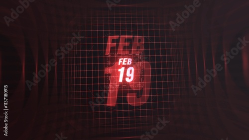 19 February. Calendar with number and month in neon red with grid background. 4k.  photo