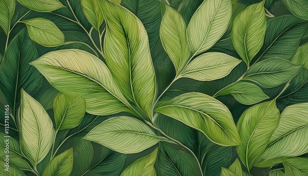 Hand-Drawn Green Plant and Leaf Pattern with Pencil Illustration for Natural Aesthetic  
