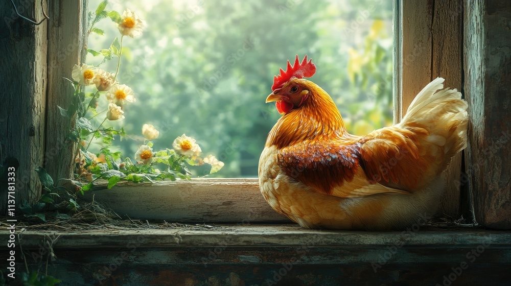 Fototapeta premium Rustic Charm: A Hen by the Window