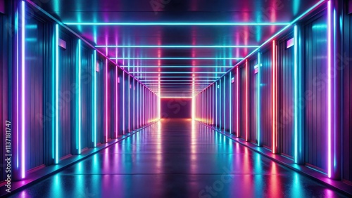 Long corridor illuminated by bright neon lights, neon, lights, corridor, hallway, long, bright, glowing, modern