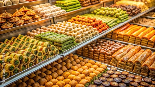 A variety of traditional Turkish sweets displayed in a pastry shop , Turkish delight, baklava, pastries
